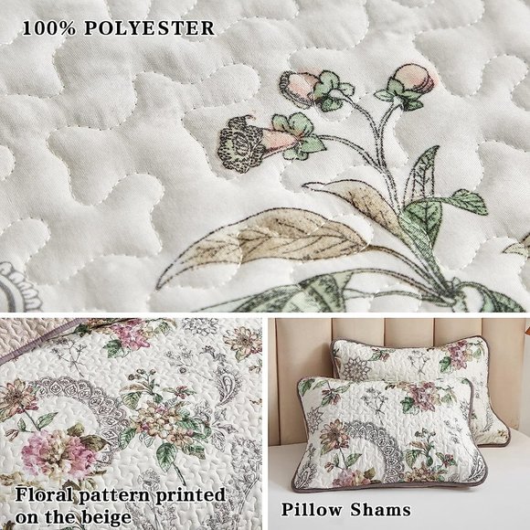 New Pink & Beige Floral 3-Piece 100% Polyester Quilt Set • Reversible • QUEEN - Picture 3 of 7